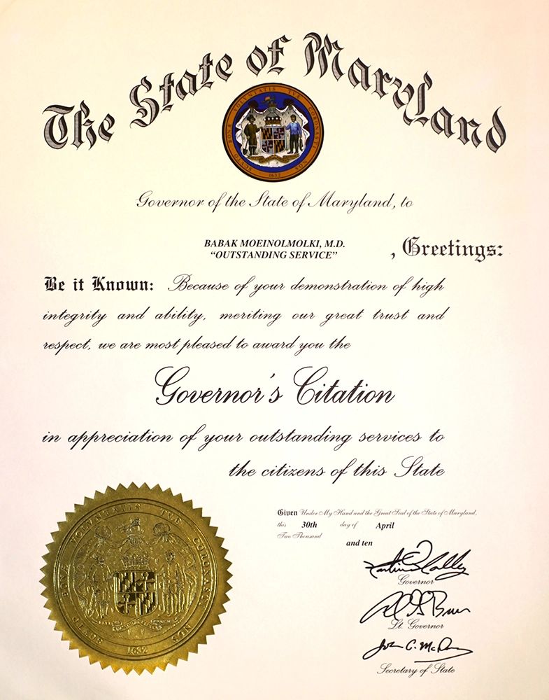 A cosmetic surgeon's certificate in Maryland.