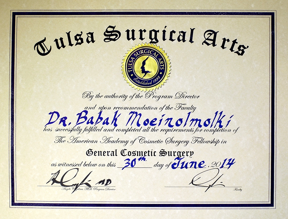 A certificate for a renowned cosmetic surgeon at Tulsa Surgical Arts.