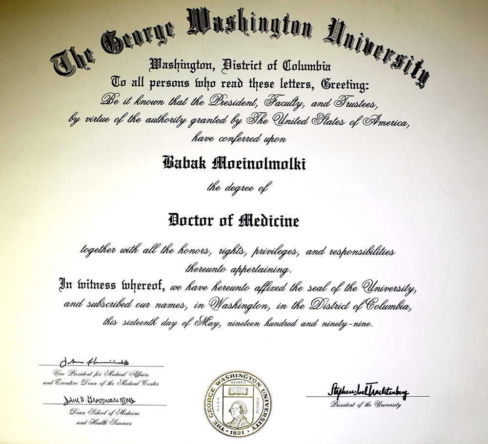 A diploma in cosmetic surgery from George Washington University.