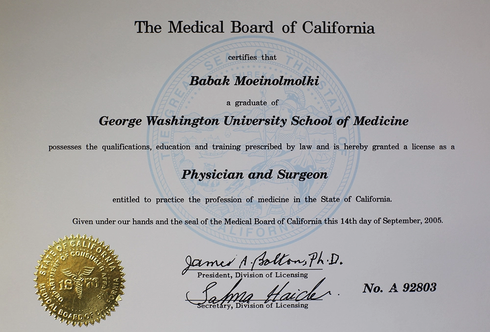 A certificate from the medical board of California for a cosmetic surgeon.