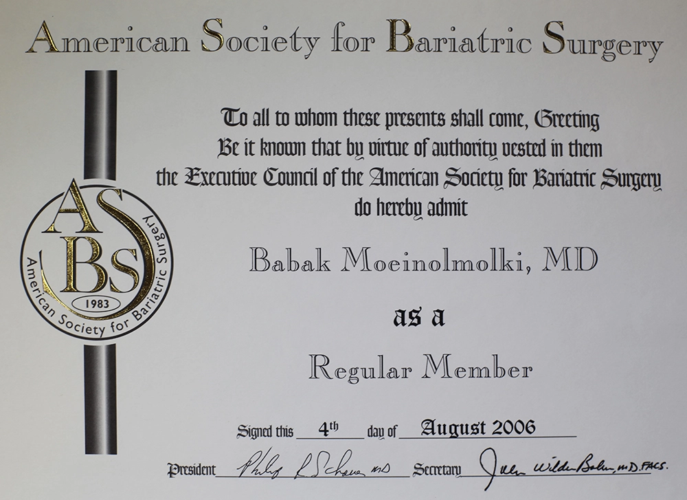 An American society for bariatric surgery certificate awarded to a cosmetic surgeon.