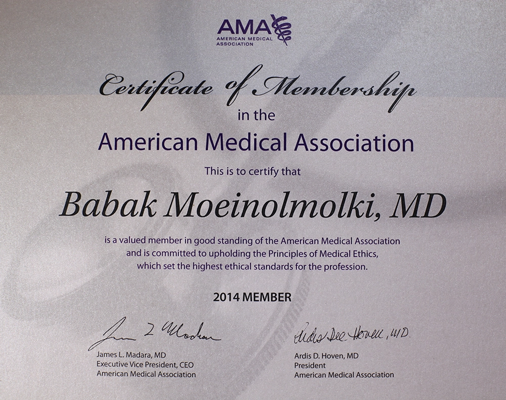 A certificate of membership in the American Medical Association for a cosmetic surgeon.