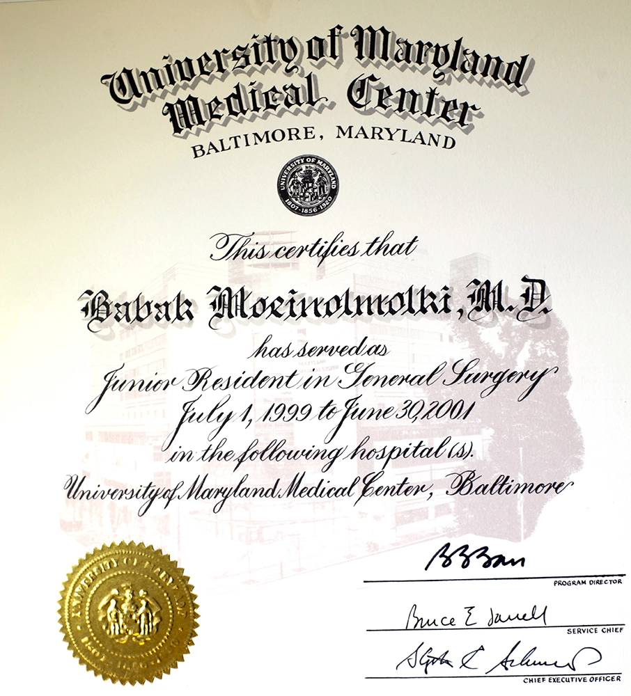 University of Maryland Medical Center certificate in cosmetic surgery.