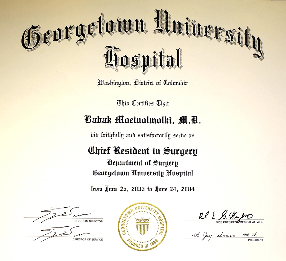 A diploma issued by Gregorytown University Hospital for a cosmetic surgeon.