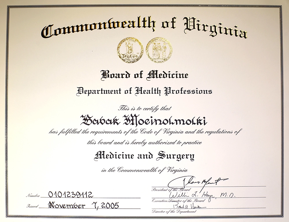 A certificate for a community health program in Virginia offering cosmetic surgery services.