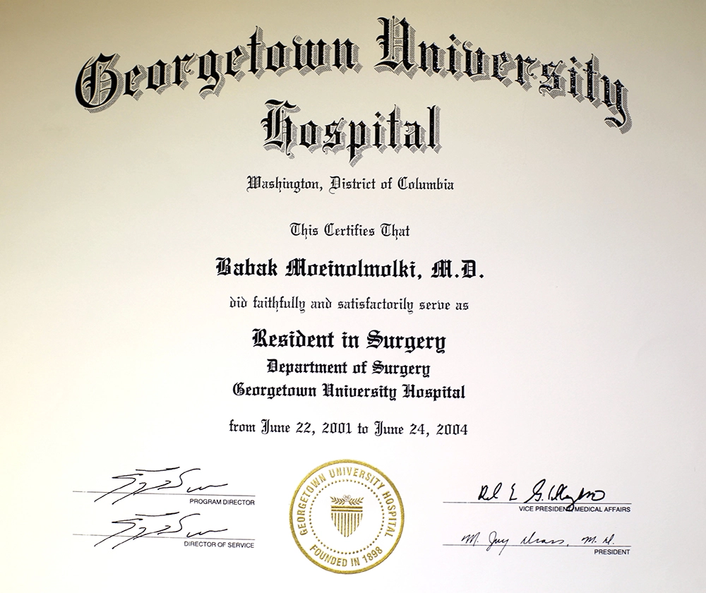 A diploma in cosmetic surgery from Georgetown University Hospital.