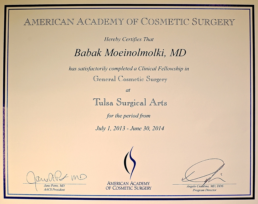 American academy of cosmetic surgery certificate for a cosmetic surgeon.