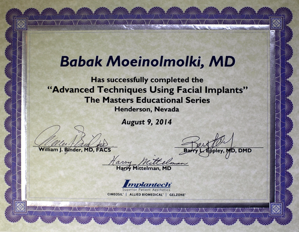 A certificate for advanced facial implant techniques taught by a cosmetic surgeon.