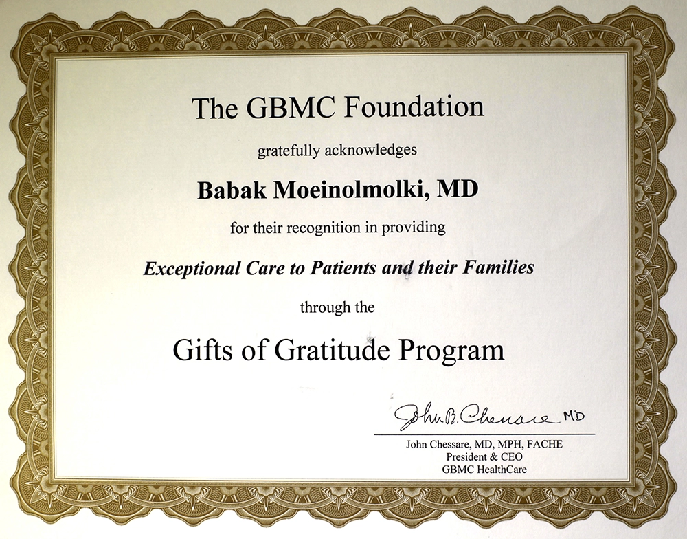 A certificate for the gbmc foundation's gifts of gratitude program, specifically for a cosmetic surgeon.