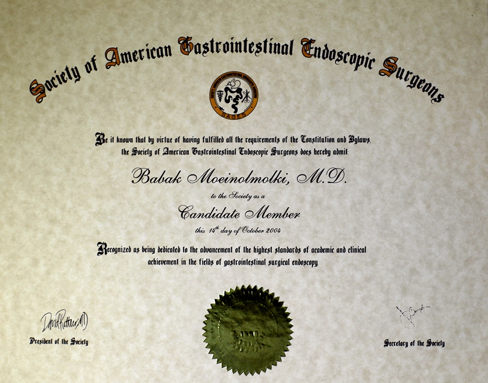 A certificate for an American cosmetic surgeon.