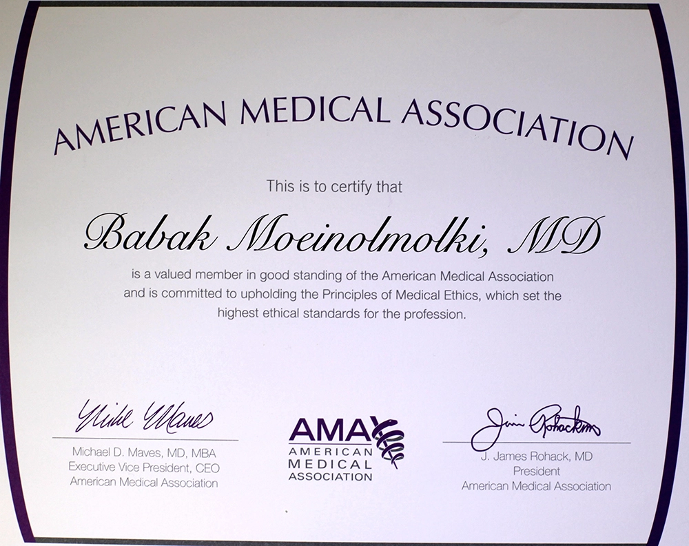 American medical association certificate for cosmetic surgeon.