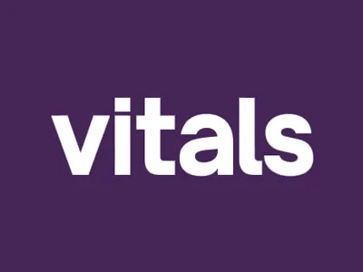 Vitals logo on a purple background for cosmetic surgery reviews.