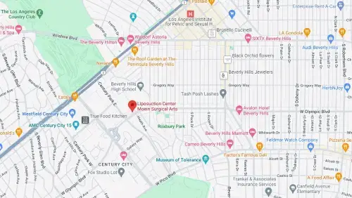 Map of Los Angeles highlighting Beverly Hills and Century City areas with various landmarks like parks, hotels, and museums labeled throughout the grid.