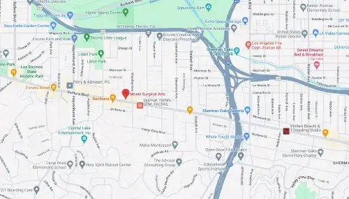 A detailed map of Sherman Oaks, California, highlighting various locations including hospitals, parks, schools, and businesses. Major roads and highways are marked for navigation.