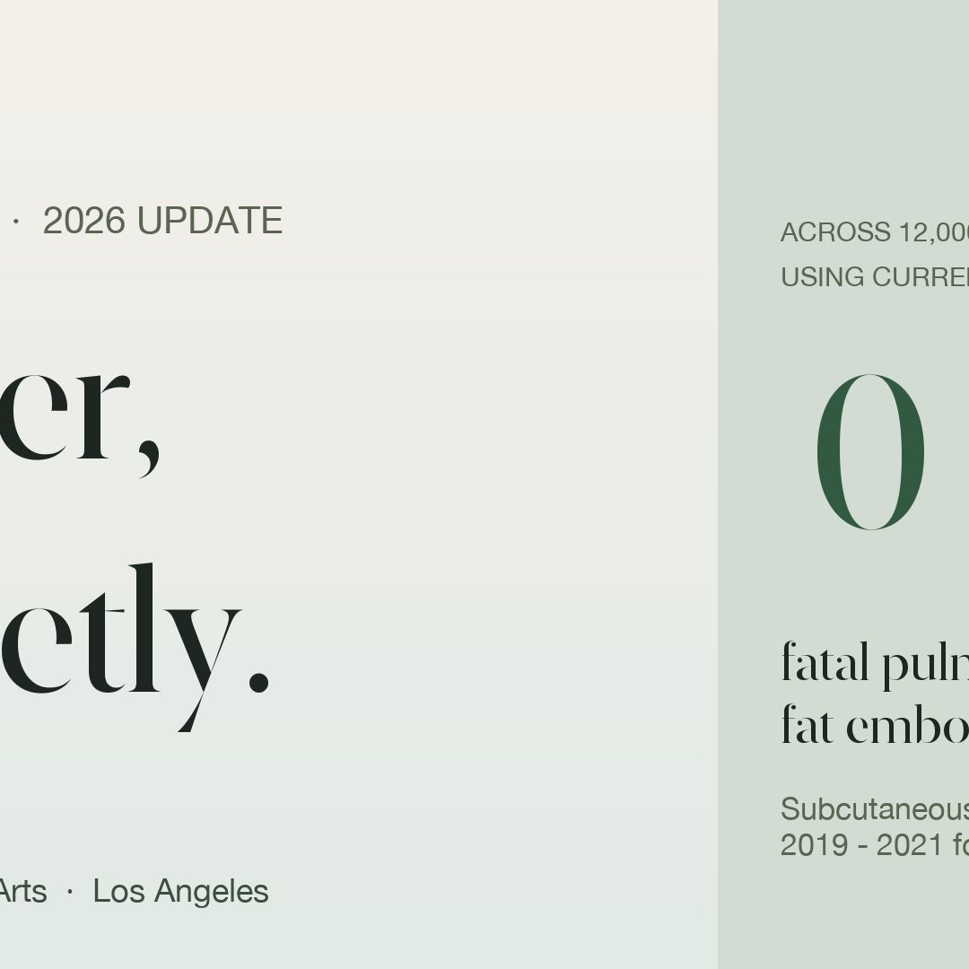 Safer, quietly - BBL safety 2026 update by Dr. Babak Moein, Moein Surgical Arts Los Angeles, showing zero fatal pulmonary fat emboli across 12,000+ recent cases using current technique