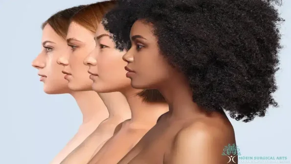 Four diverse women with different skin tones and hair types are shown in profile against a light background, showcasing a range of natural beauty. The smooth lines of their jawlines suggest the benefits of Kybella. There is a logo in the bottom right corner.