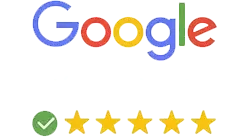 Google logo with five gold stars below, indicating a five-star rating, and a green checkmark symbol next to the stars.