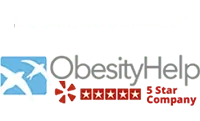 Logo for "ObesityHelp" with the phrase "Cosmetic Surgery" above it and a "3 Star Company" rating depicted with five stars.