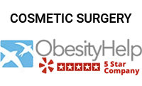 Logo of ObesityHelp featuring three white birds in flight on a blue background, and the text "ObesityHelp" accompanied by five red stars and the words "Where WLS Patients Converge." This logo often appears in the website footer, tying together each page with its unifying design.